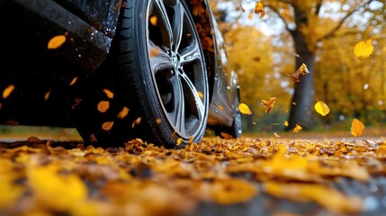 Autumn leaves swirling around a car tire on a wet road