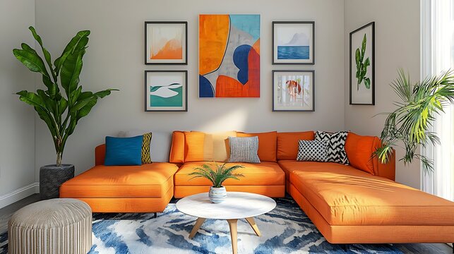 Bright family room wall mockup featuring multiple frames and cheerful modern decor