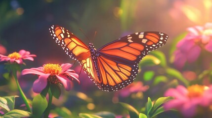 Fototapeta premium Monarch Butterfly Fluttering Over Vibrant Flowers in a Lush Garden Under Soft Sunlight
