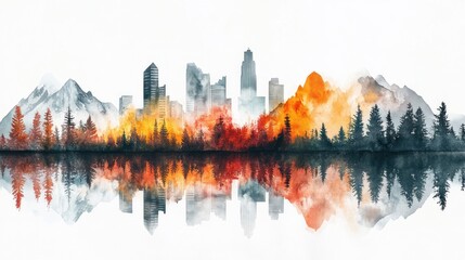 Fototapeta premium Watercolor panorama displaying mountains cityscape and woodland in reflected harmony