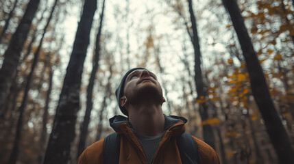 Naklejka premium Masculine Forest Landscape with Straight-Up Trees, Captured from Below, Looking Up in a Powerful and Outgoing Style, Landscape Photography