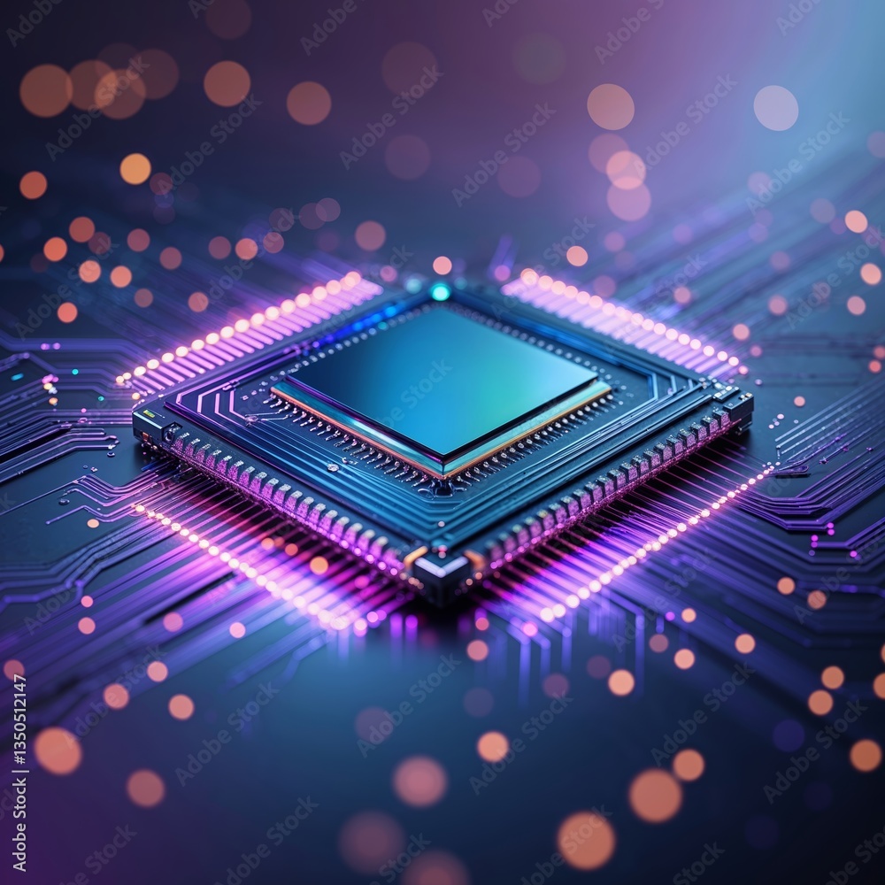 Poster advanced microchip featuring intricate circuitry with glowing lights in a dark setting