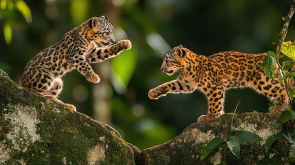 Naklejka premium Playful Leopard Cubs Interacting on a Mossy Outcrop in a Vibrant Jungle Environment