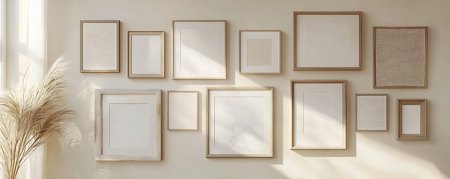 Bright family room wall mockup with multiple frames and light toned decor