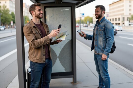 Two Young Adult Males Engaging in Conversation While Waiting at a City Bus Stop in Urban Environment