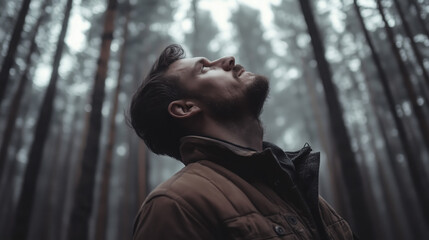 Naklejka premium Masculine Forest Landscape with Straight-Up Trees, Captured from Below, Looking Up in a Powerful and Outgoing Style, Landscape Photography