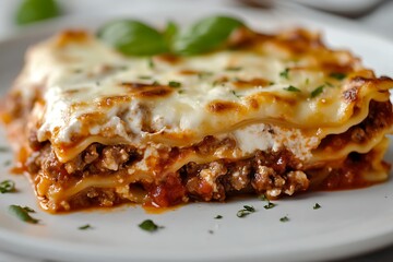 Close-up of Melted Cheese-Topped Lasagna Slice with Ground Meat and Basil Garnish