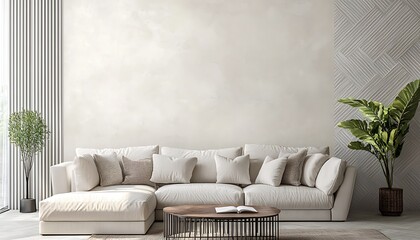 Bright family room wall mockup showcasing a frameless artwork above neutral modern furniture