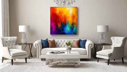 Bright family room wall mockup showcasing a frameless artwork above neutral modern furniture