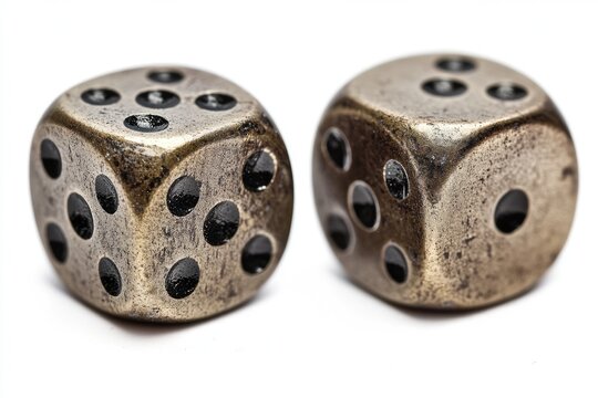 A Pair of Worn, Antique Dice Displaying Numerical Values on a White Background