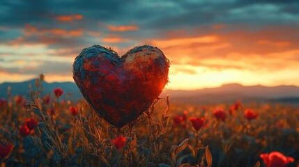 Fototapeta premium Vibrant heart shaped rock embedded in a field of colorful autumn foliage set against a dramatic fiery sunset sky with moody clouds This scene evokes a sense of romance passion