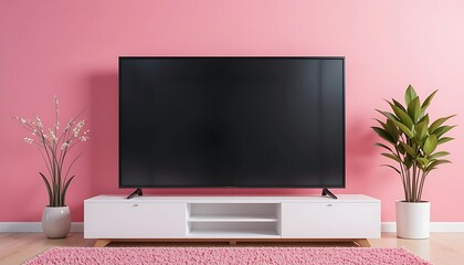 Living Room Featuring Television, White Stand, Pink Wall, and Decorations