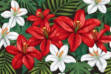 Obraz premium Vibrant Red and White Lilies Tropical Floral Seamless Pattern