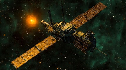 Futuristic spacecraft observing a dying star collapsing into a black hole emitting powerful gamma ray bursts