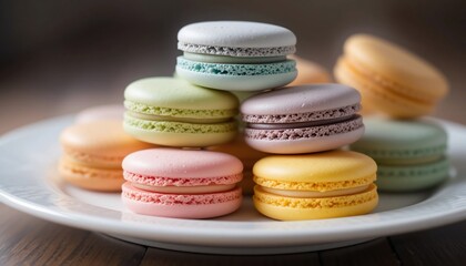 Fototapeta premium Colorful Pastel Macarons on White Plate Sweet French Pastry Dessert Delicious Treats