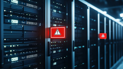 Disaster recovery warning on server rack in data center indicating system failure and cybersecurity risk