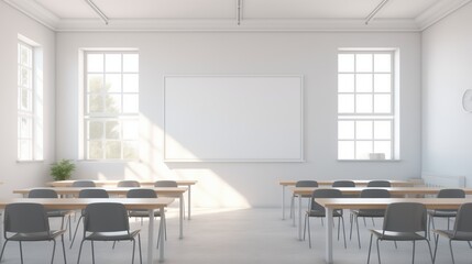 A clean and minimalistic classroom with bright white walls and a soft blur.