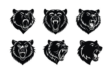 set of bear head with white background silhouettes vector