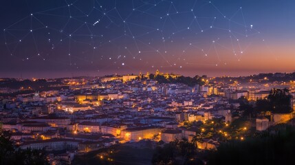 Naklejka premium Cityscape at Dusk with Constellation Overlay