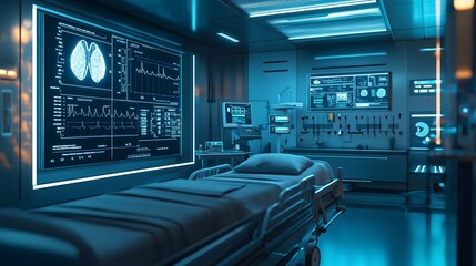 Fototapeta premium Future Tech Ward: Futuristic hospital room with advanced technology. Emphasizing the clinical and scientific aspects of medical care with detailed equipment displays.
