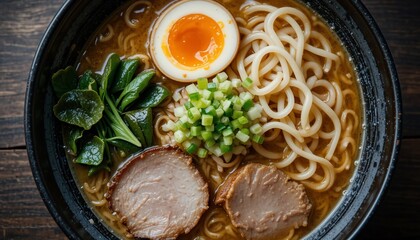 Delicious Ramen Bowl Noodles Pork Egg Greens Top View