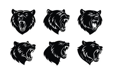 set of bear head with white background silhouettes vector