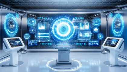 Futuristic control room with interactive displays and data visualizations