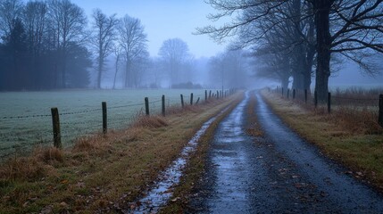 Misty morning road winding through a frosty field, bordered by leafless trees