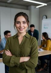 Fototapeta premium Confident Female Leader Standing in a Collaborative Office Setting