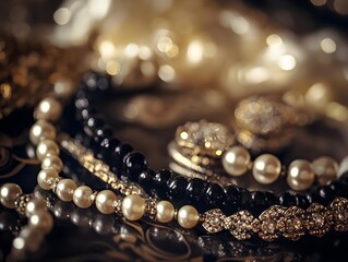 Luxurious Adornments: A close-up captures the allure of exquisite jewelry, featuring lustrous pearls, dazzling diamonds, and intricate gold chains, evoking a sense of opulence and timeless elegance.