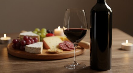 A bottle of red wine next to a glass, with soft candlelight, cheese platter in the background, evoking a warm and intimate atmosphere