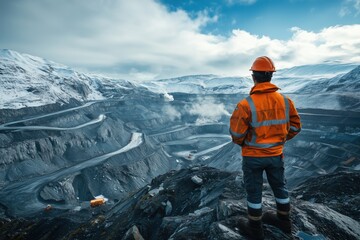 A worker surface mine equipment fitter in an orange safety jacket and helmet stands on a rocky ledge overlooking a large open-pit mine surrounded by snow-capped mountains under a cloudy sky.