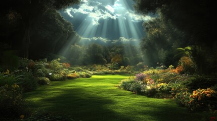 Obraz premium Radiant garden path bathed in sunlight