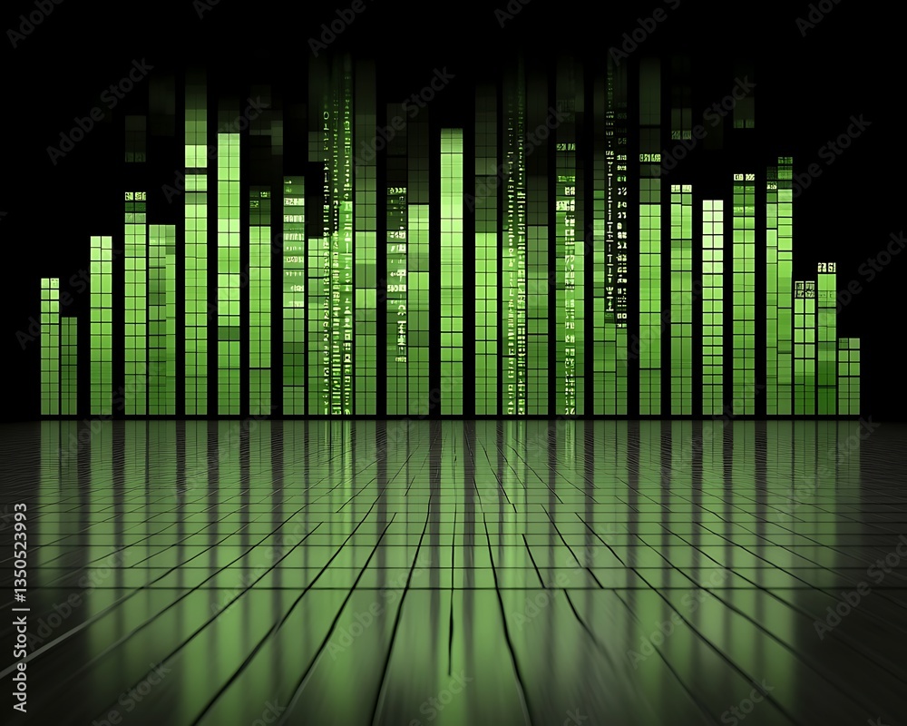 Fototapete Green vertical bars represent a dynamic data visualization on a surface