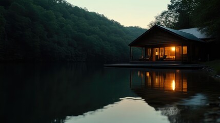Obraz premium Lakeside cabin at twilight, bathed in warm light. Peaceful, secluded retreat on a serene lake, nestled amidst lush forest. 
