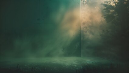Mysterious forest scene with fog and light filtering through trees at dawn