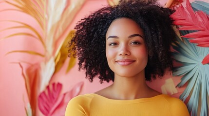 Woman smiles, relaxed pose, tropical background, studio shot