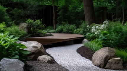 Modern Japanese-style garden path with wooden bridge. Lush greenery, zen-like stones, and white gravel pathway