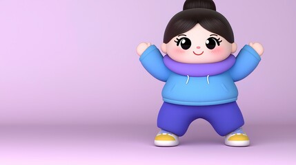 Cheerful Cartoon Girl in Blue Outfit on Lilac Background
