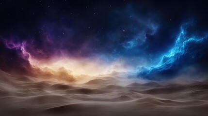 Cosmic desert landscape bathed in nebula light