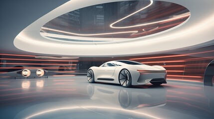 Obraz premium A high-tech automotive showroom with a sleek, white interior and soft light reflections.