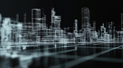 Wireframe city model, dark background, architectural design, digital illustration