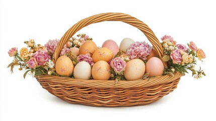 Naklejka premium Pastel Eggs and Flowers in Easter Basket
