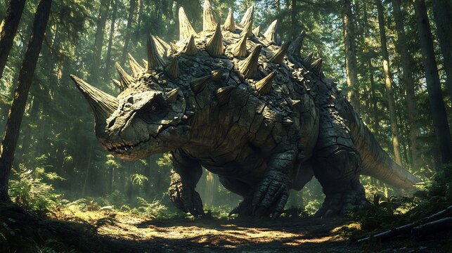 Heavily armored Gargoyleosaurus standing ground a dense forest its spiked body resembling a living fortress The shadows of the towering trees dance over its rugged plates creating an imposing presence