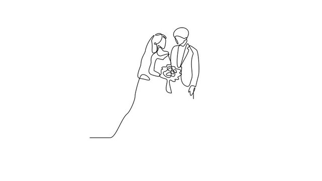 Animated self drawing of wedding ceremony video design illustration. spouse bride complete with wedding costume design illustration simple linear style video concept. Wedding design for video asset.