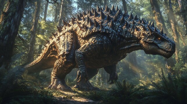 Heavily armored Gargoyleosaurus standing ground a dense forest its spiked body resembling a living fortress The shadows of the towering trees dance over its rugged plates creating an imposing presence