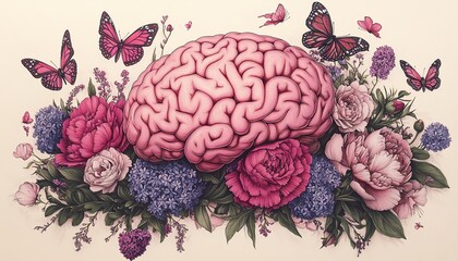 A whimsical handdrawn illustration of a pink brain