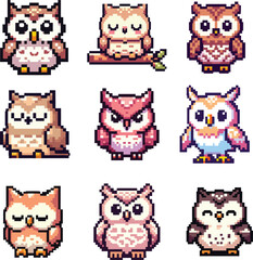 set collection cute owl pixel art vector