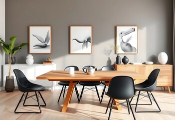 Stylish dining room with a wooden family table, black chairs, teapot with mug, and mockup art paintings on the wall. A modern and elegant home decor inspiration.