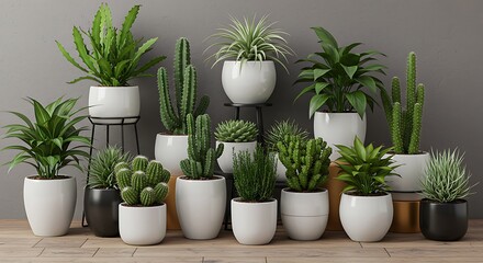 Fototapeta premium Modern home garden composition with a variety of lush plants, cacti, succulents, and air plants in stylish pots. A perfect botanical interior for home gardening lovers.
